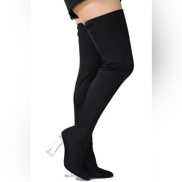 Black High Knee Clear Heeled Boot - Picture 6 of 6